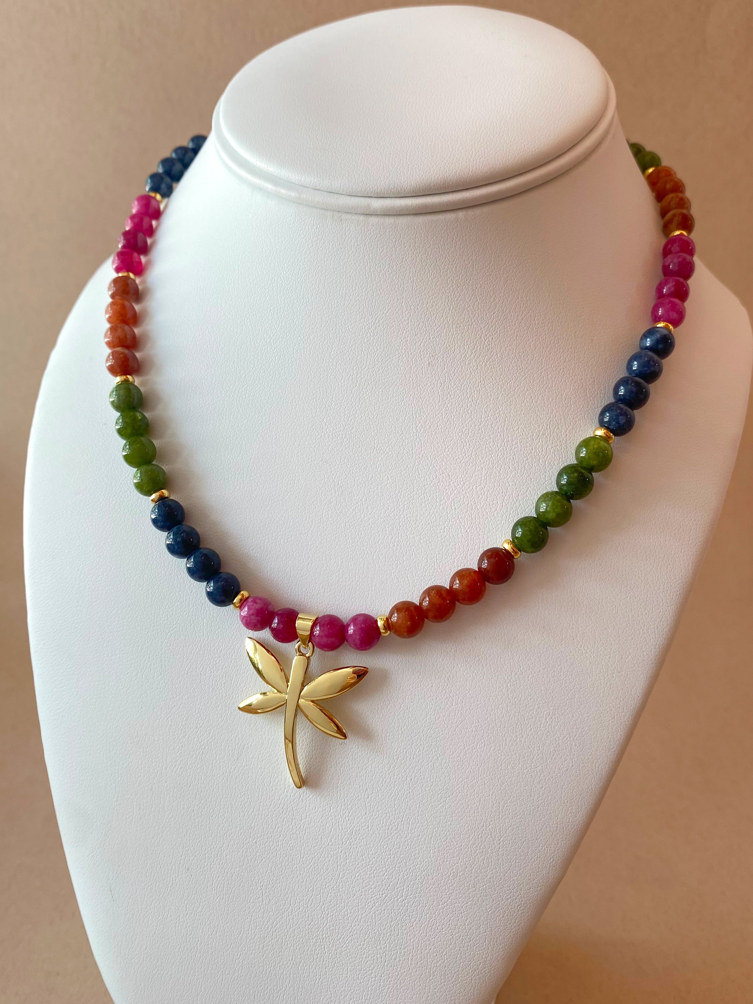 Multicolor Gems Beads Golden Dragonfly Necklace