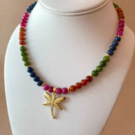 Multicolor Gems Beads Golden Dragonfly Necklace