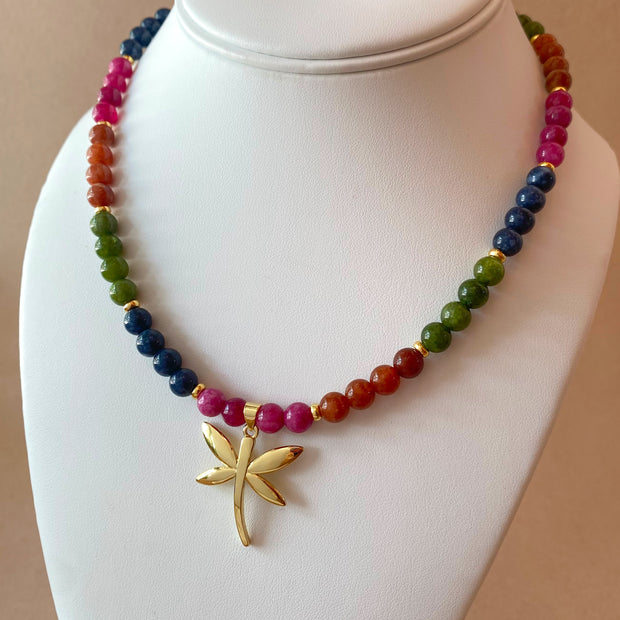 Multicolor Gems Beads Golden Dragonfly Necklace
