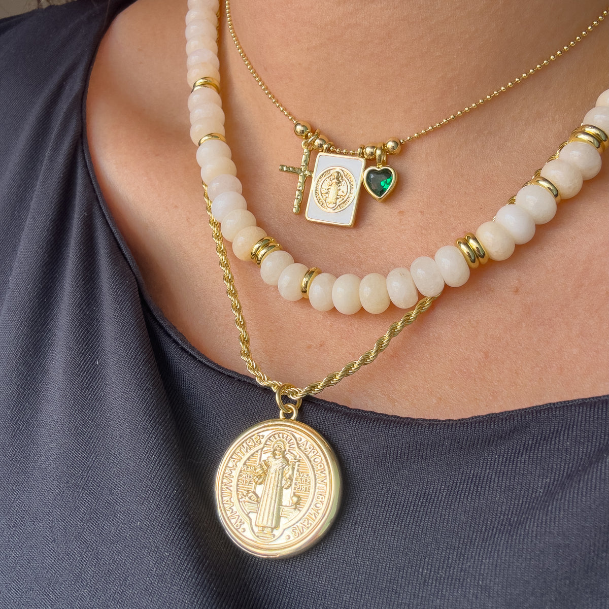 Light Cream Morganite Beads Necklace or St Benedict Golden Rope Necklace