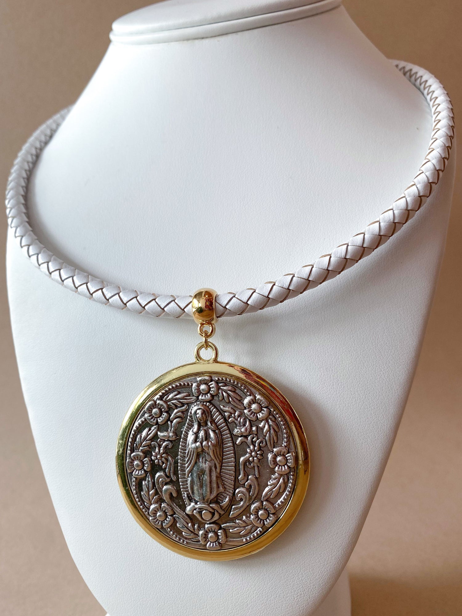 Big Golden & Silver Guadalupe Medal White Necklace