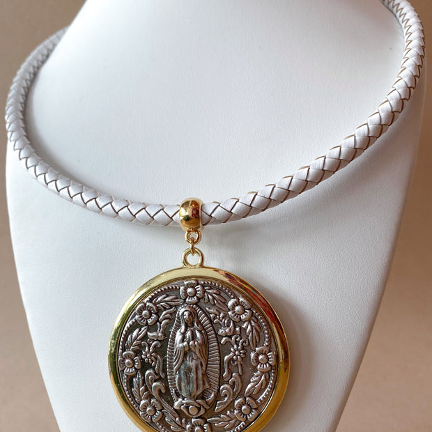 Big Golden & Silver Guadalupe Medal White Necklace