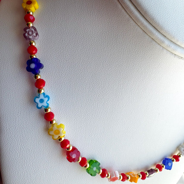 Cadena Flores Coloridas Beads Rojos