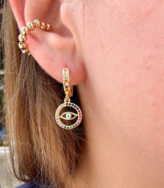 Argollas Evil Eye Coloridos + Ear Cuff Balines Dorados