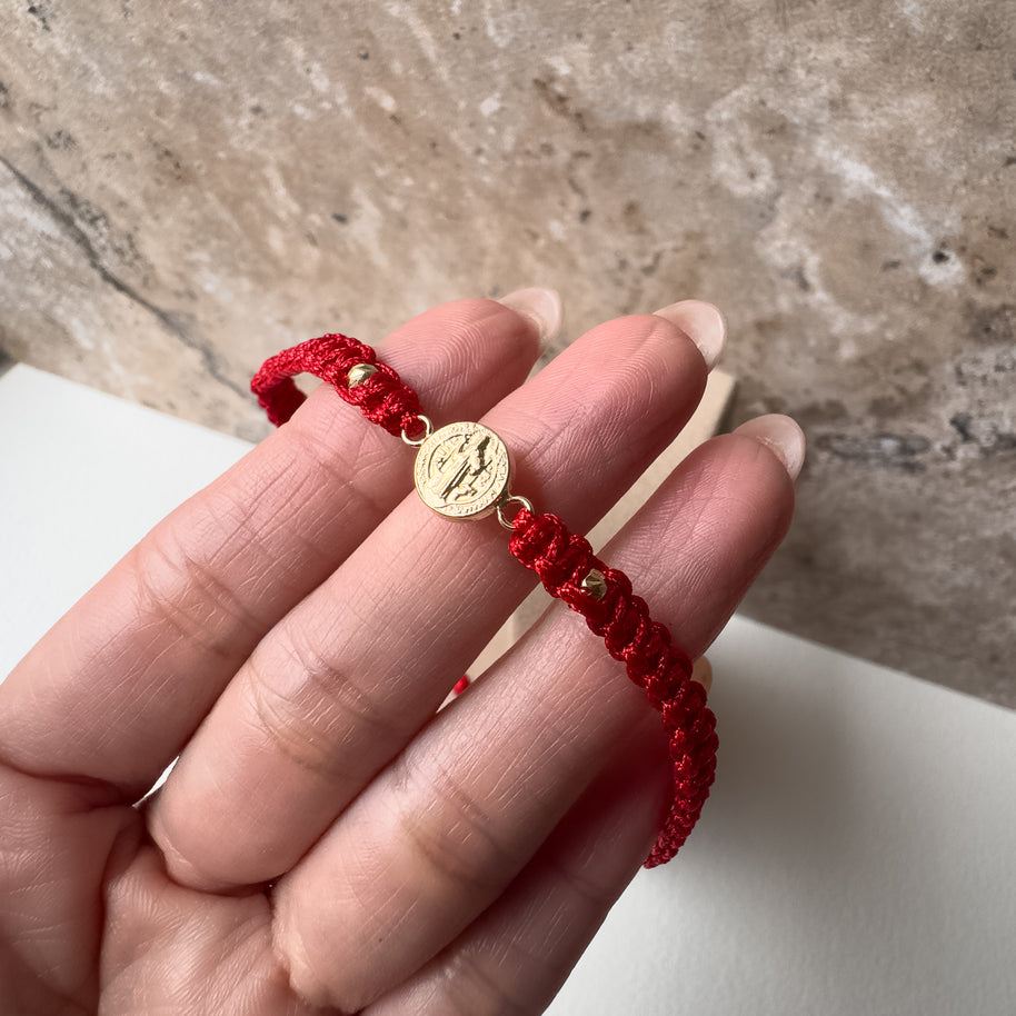 St Bendict 18K Solid Gold in Red String Bracelet