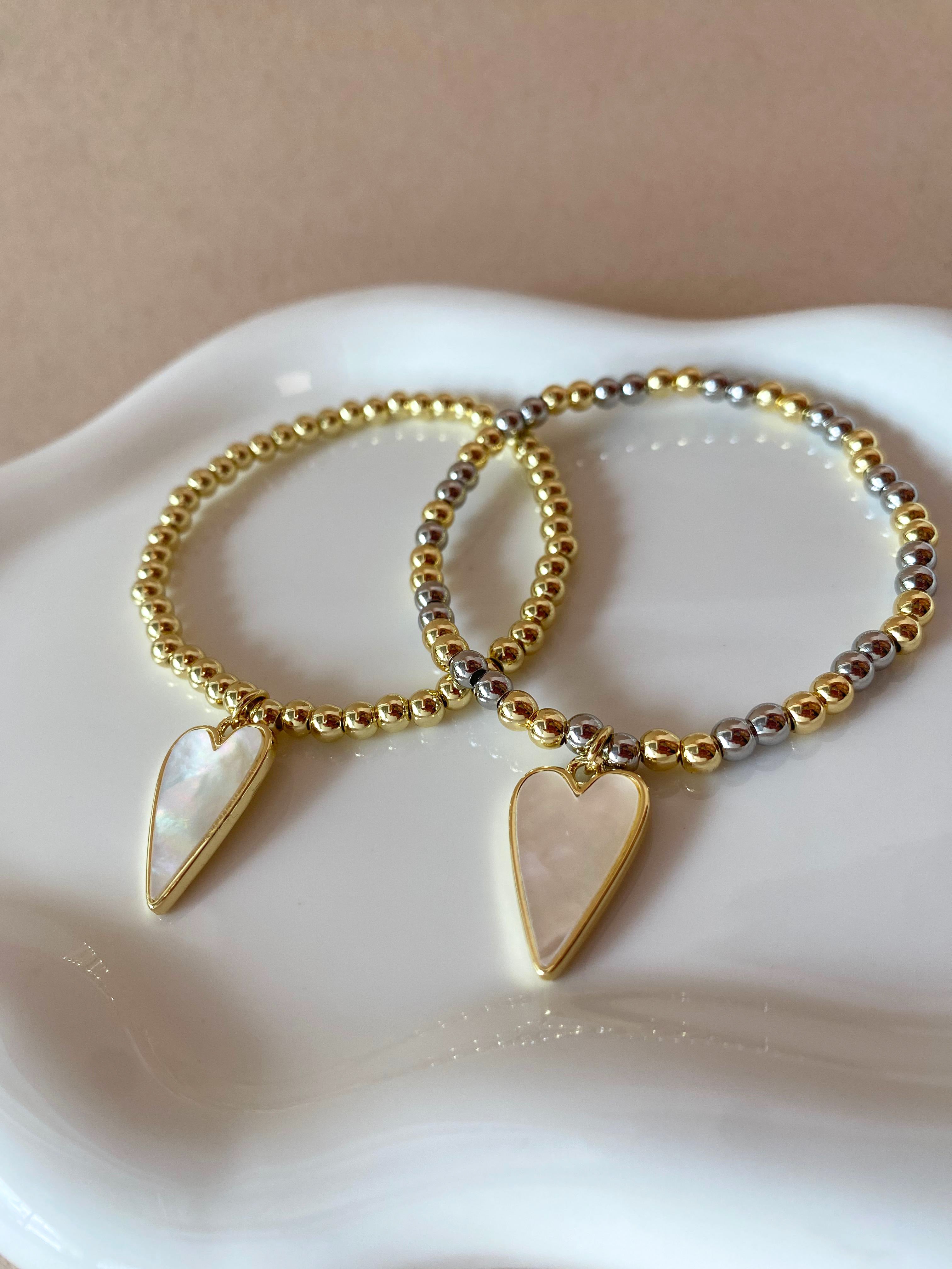 Golden or 2 Gold Style Elastic Bracelet with Heart Shape Charm