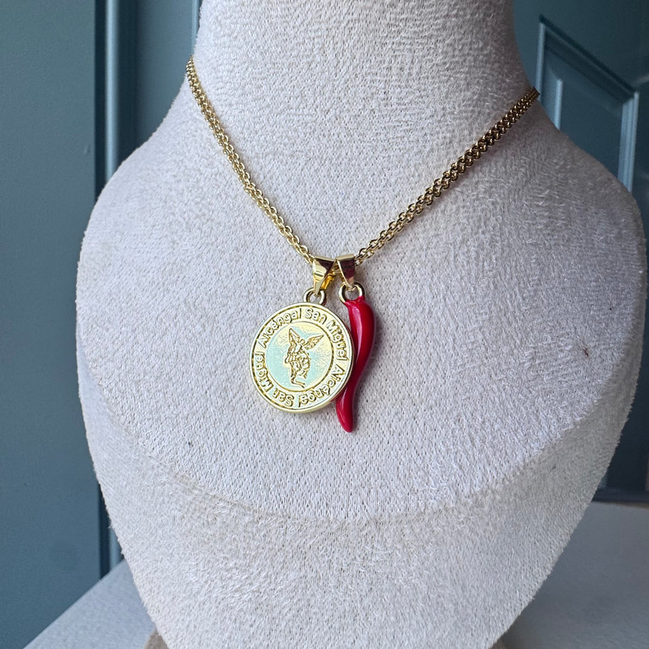 St Miguel Arcangel Medal and Red Horn Chinese Fabric Chain Necklace