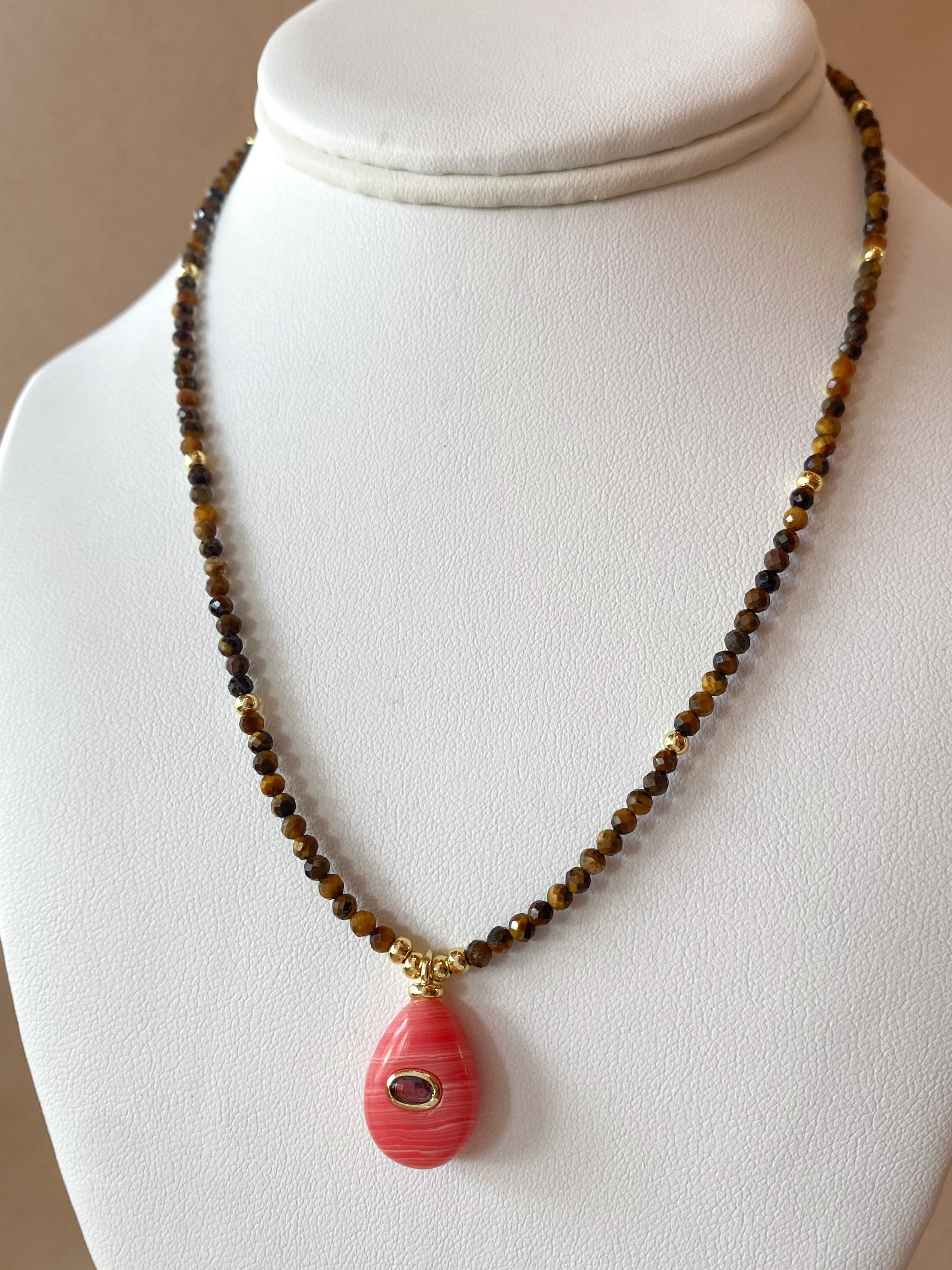 Pink Quartz Style Circular Charms in Tiger Eye Necklace