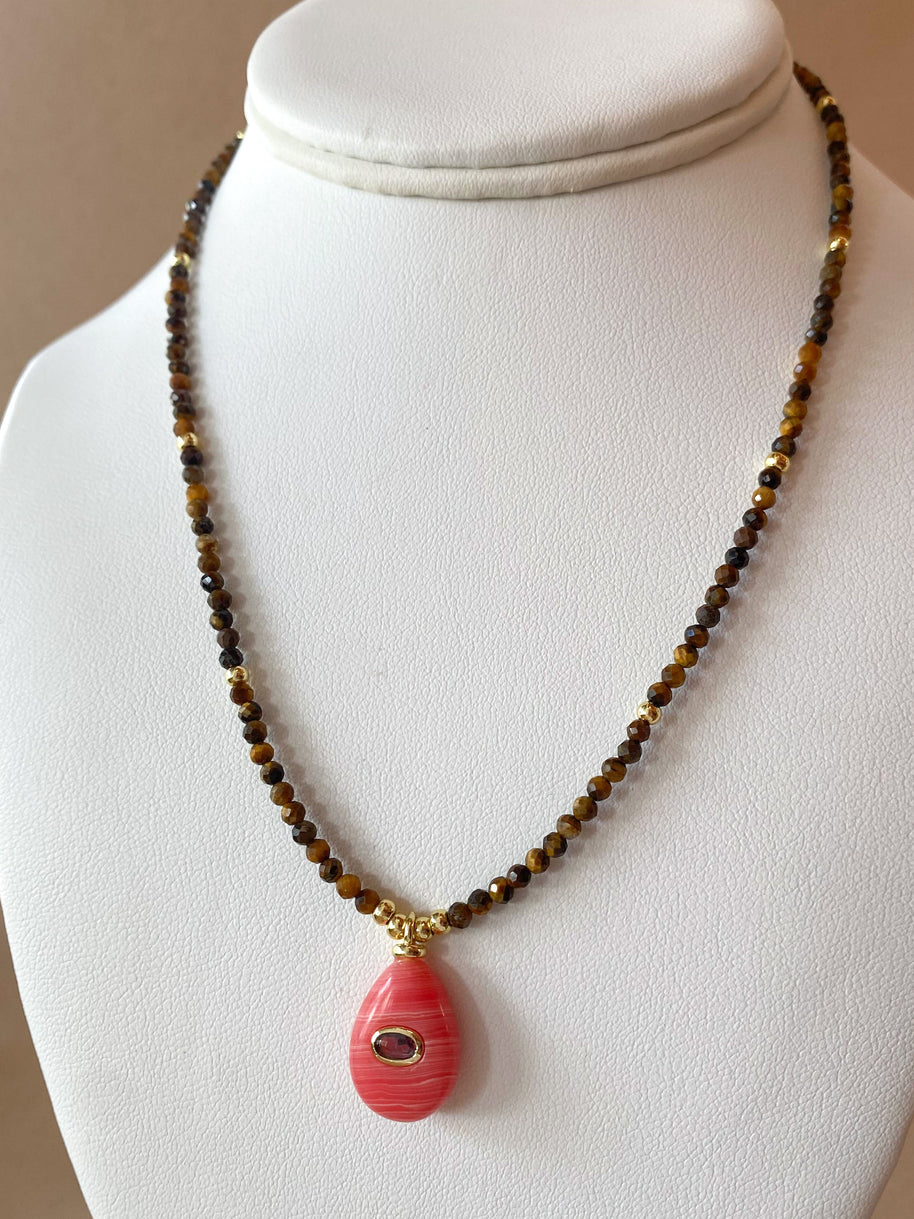 Pink Quartz Style Circular Charms in Tiger Eye Necklace