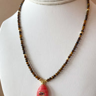 Pink Quartz Style Circular Charms in Tiger Eye Necklace
