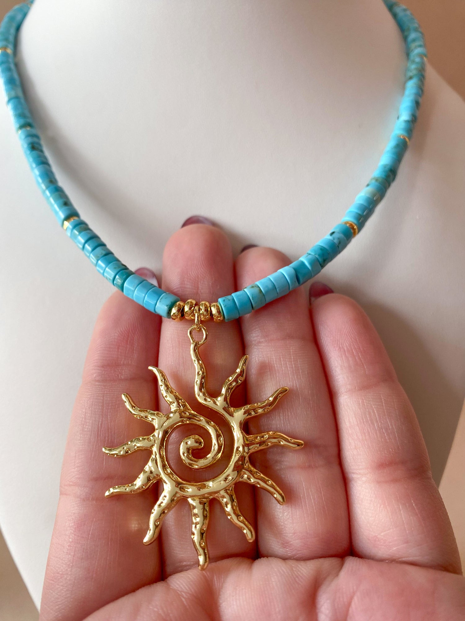 Big Golden Sun Charm in a Turquoise Agata Necklace