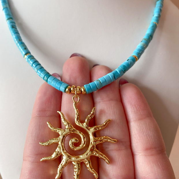 Big Golden Sun Charm in a Turquoise Agata Necklace