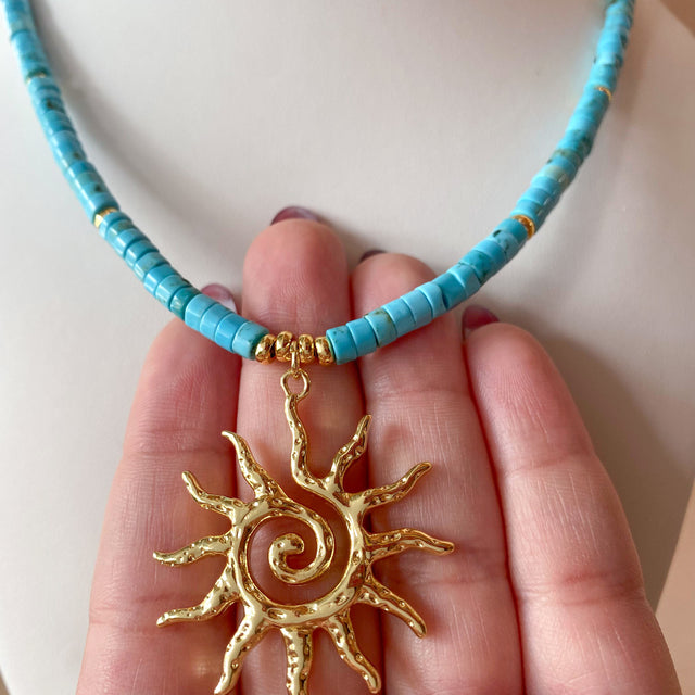 Big Golden Sun Charm in a Turquoise Agata Necklace