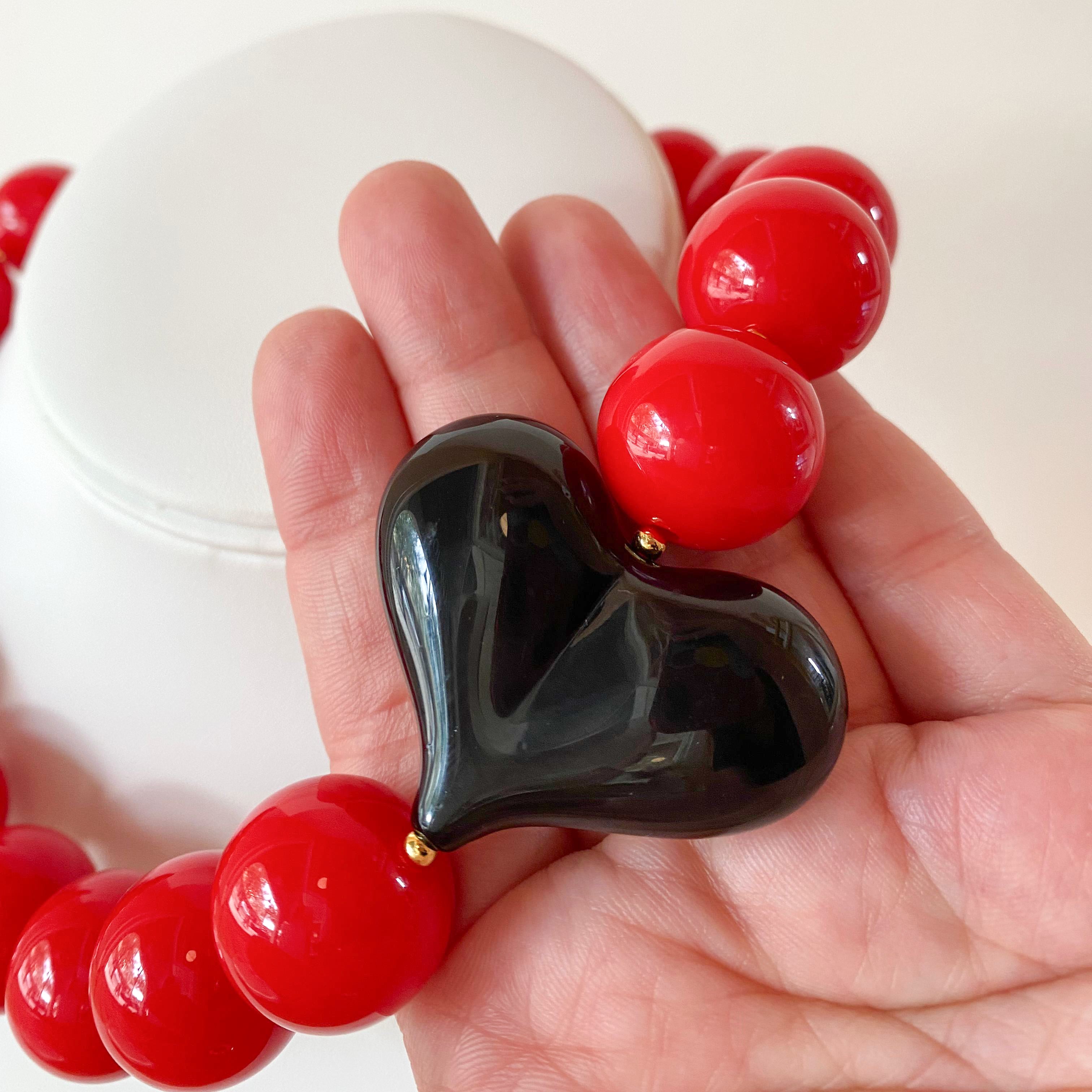 Acrylic Red Gumball Bead with Black Heart Necklace