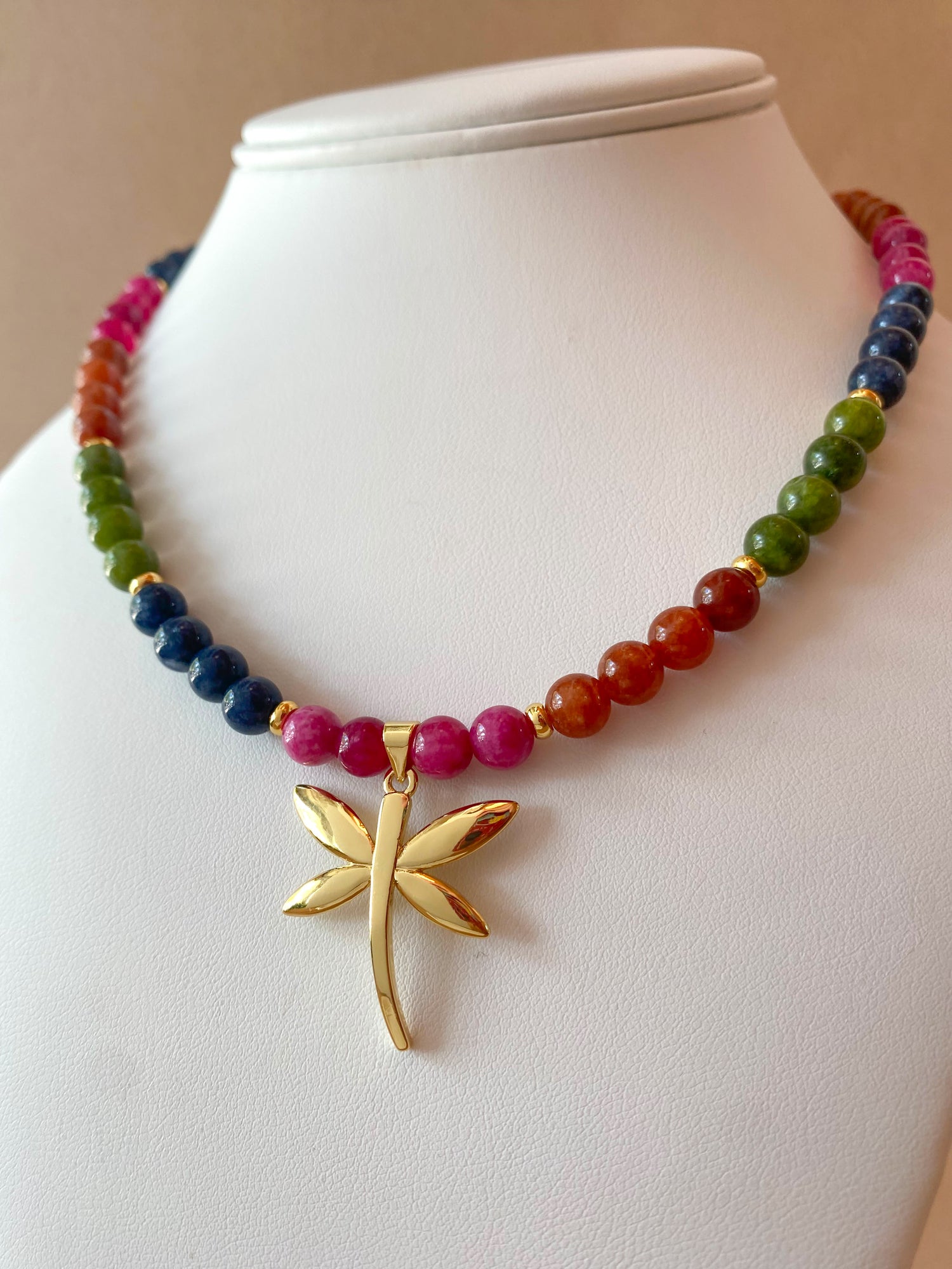 Multicolor Gems Beads Golden Dragonfly Necklace