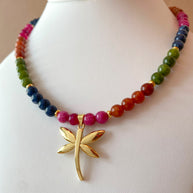 Multicolor Gems Beads Golden Dragonfly Necklace