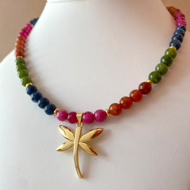 Multicolor Gems Beads Golden Dragonfly Necklace