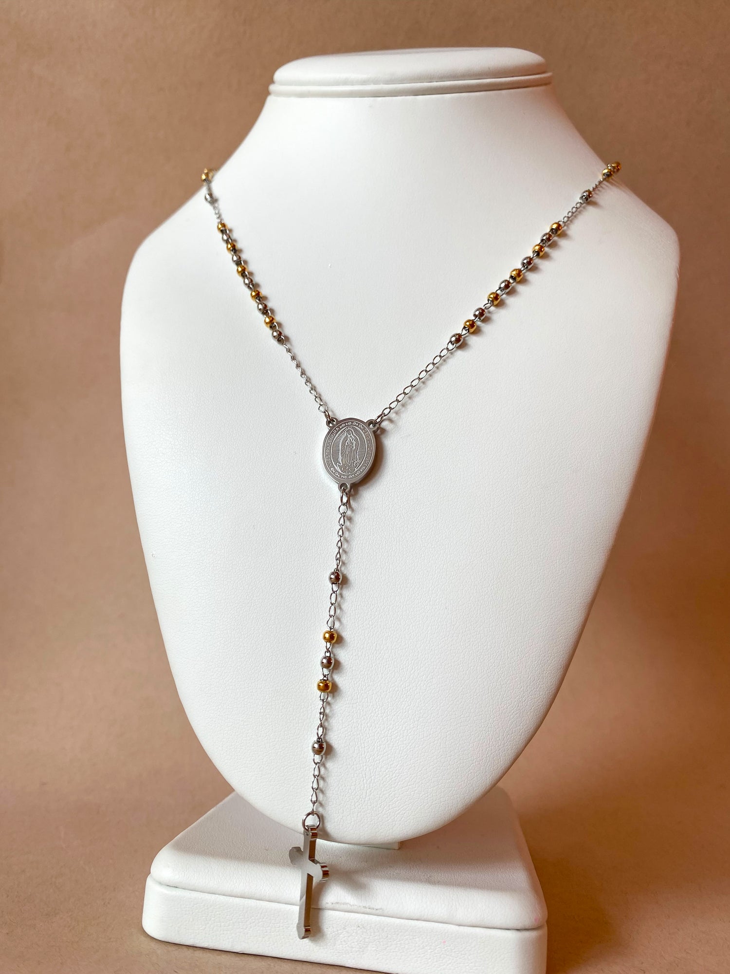Guadalupe Virgin Medal 2 Gold Steel Rosary Necklace