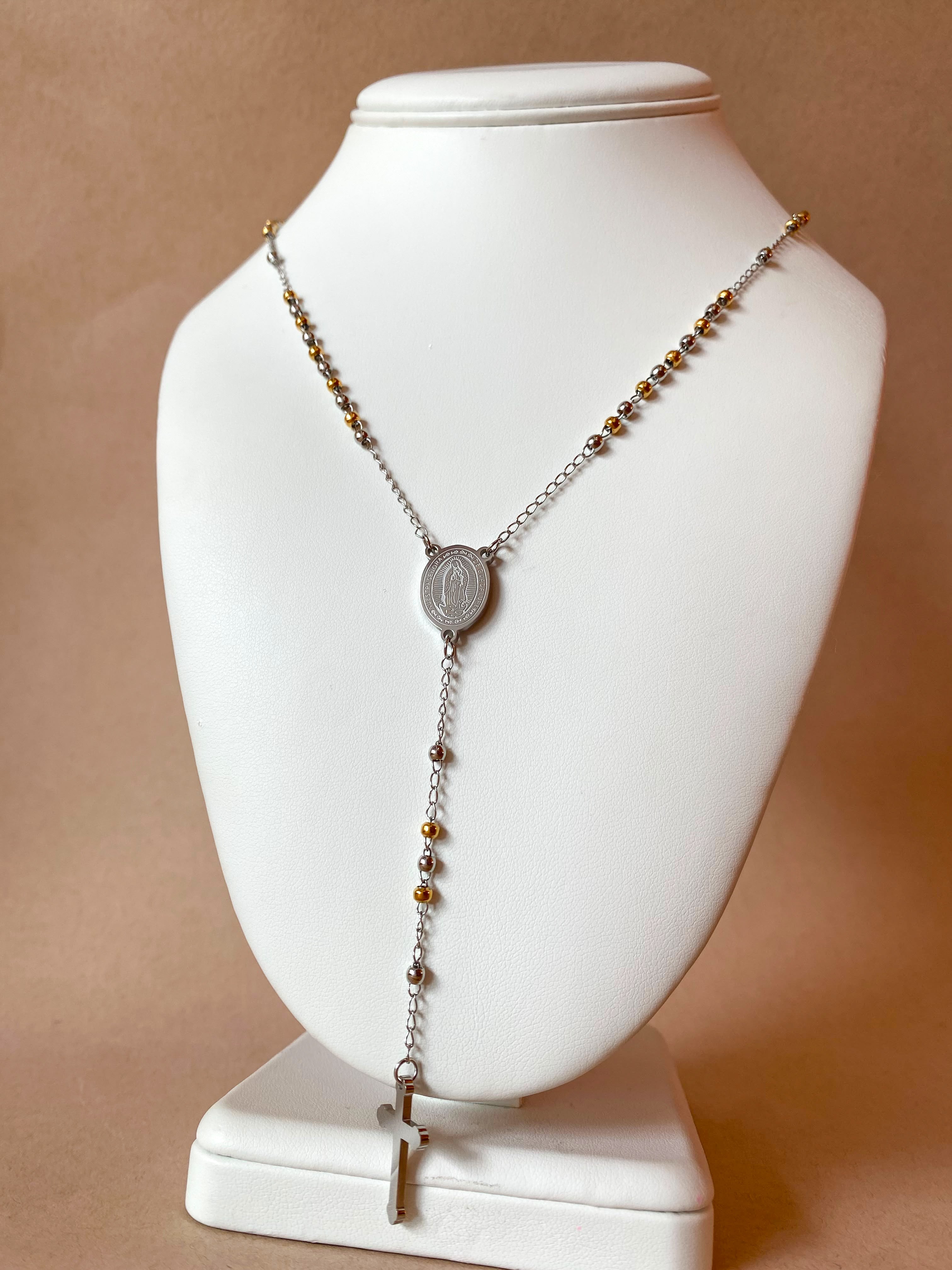 Guadalupe Virgin Medal 2 Gold Steel Rosary Necklace