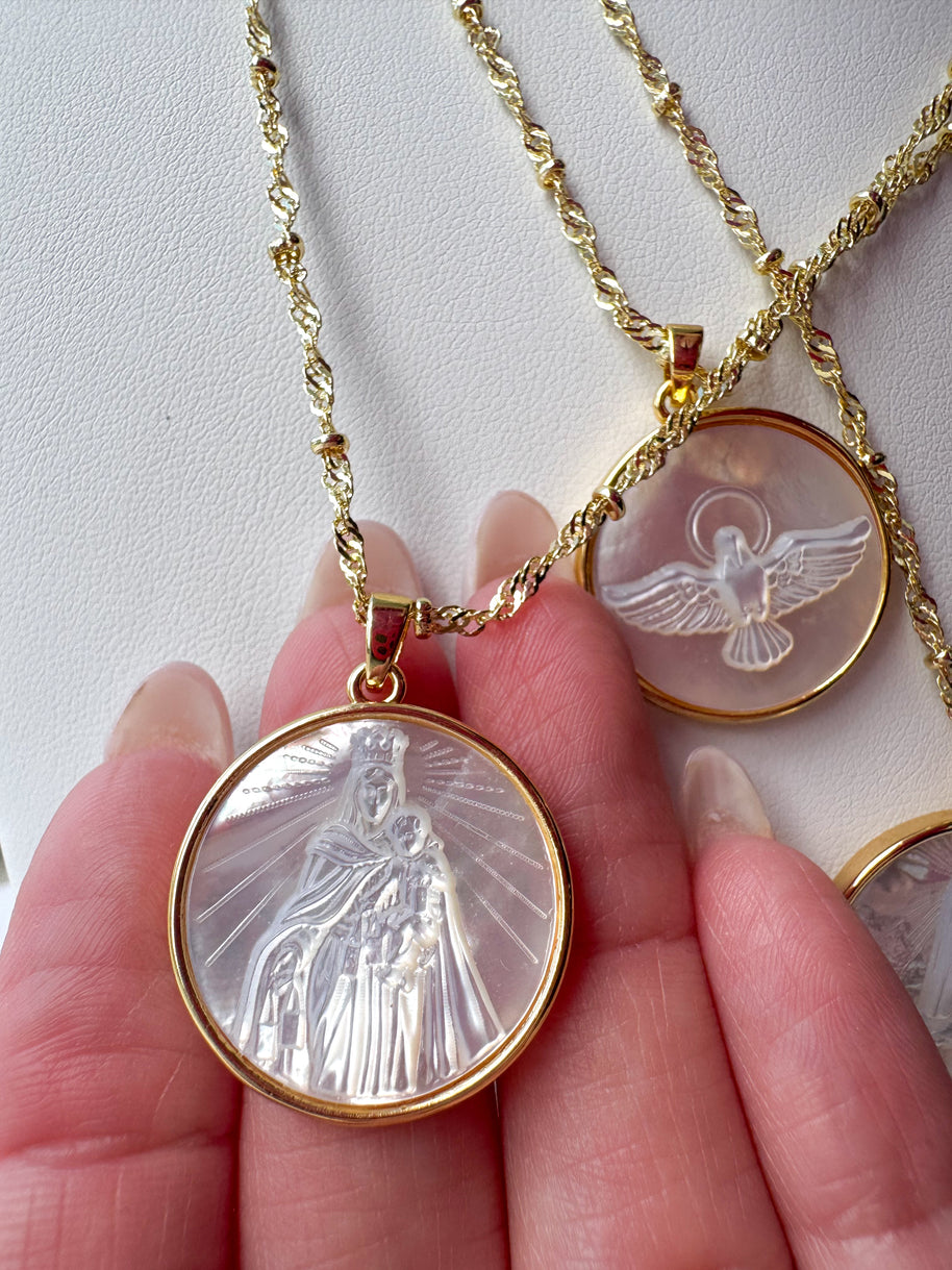 Sacred Mother of Pearl Assorted Medals Necklace