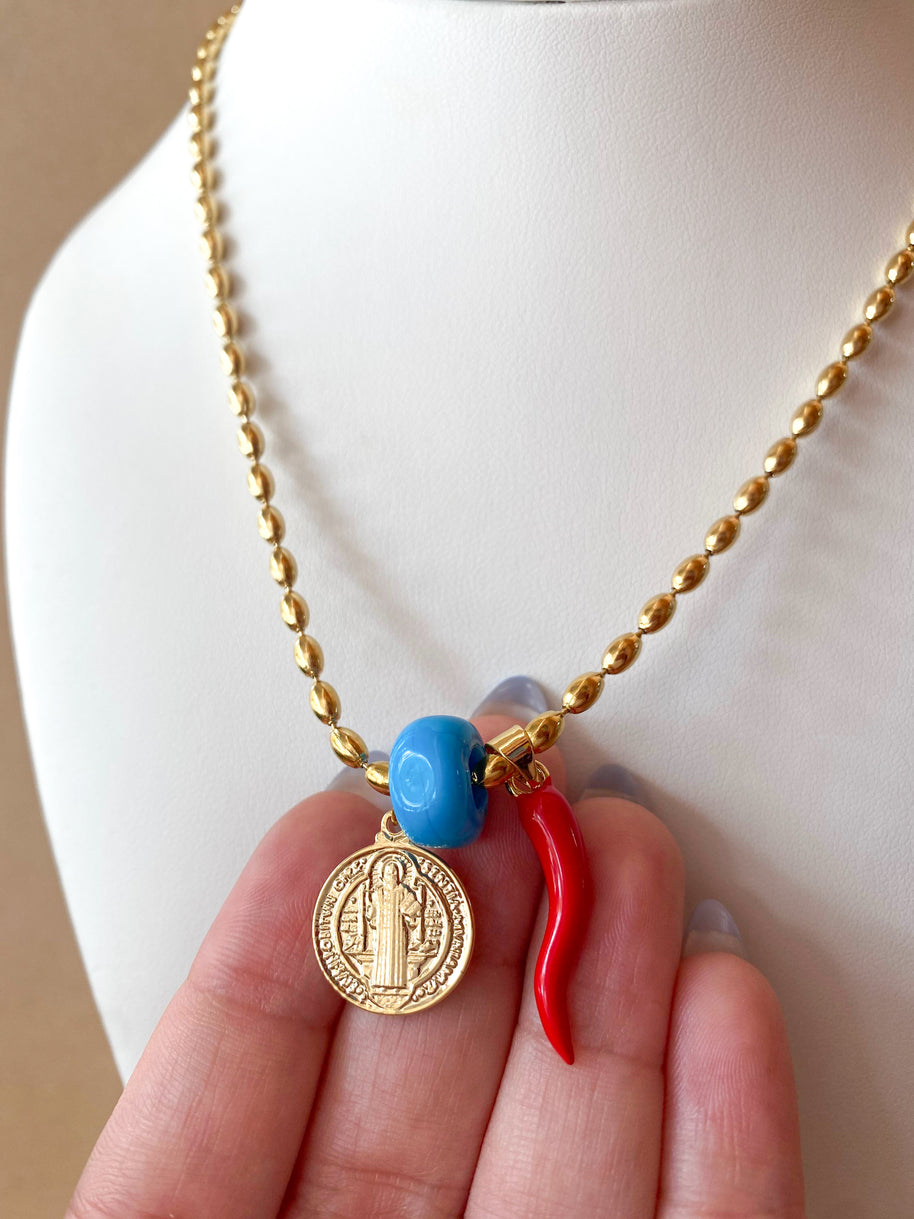 St. Benedict, Blue Turkish & Red Horn Stainless Steel Chain Necklace