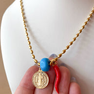 St. Benedict, Blue Turkish & Red Horn Stainless Steel Chain Necklace