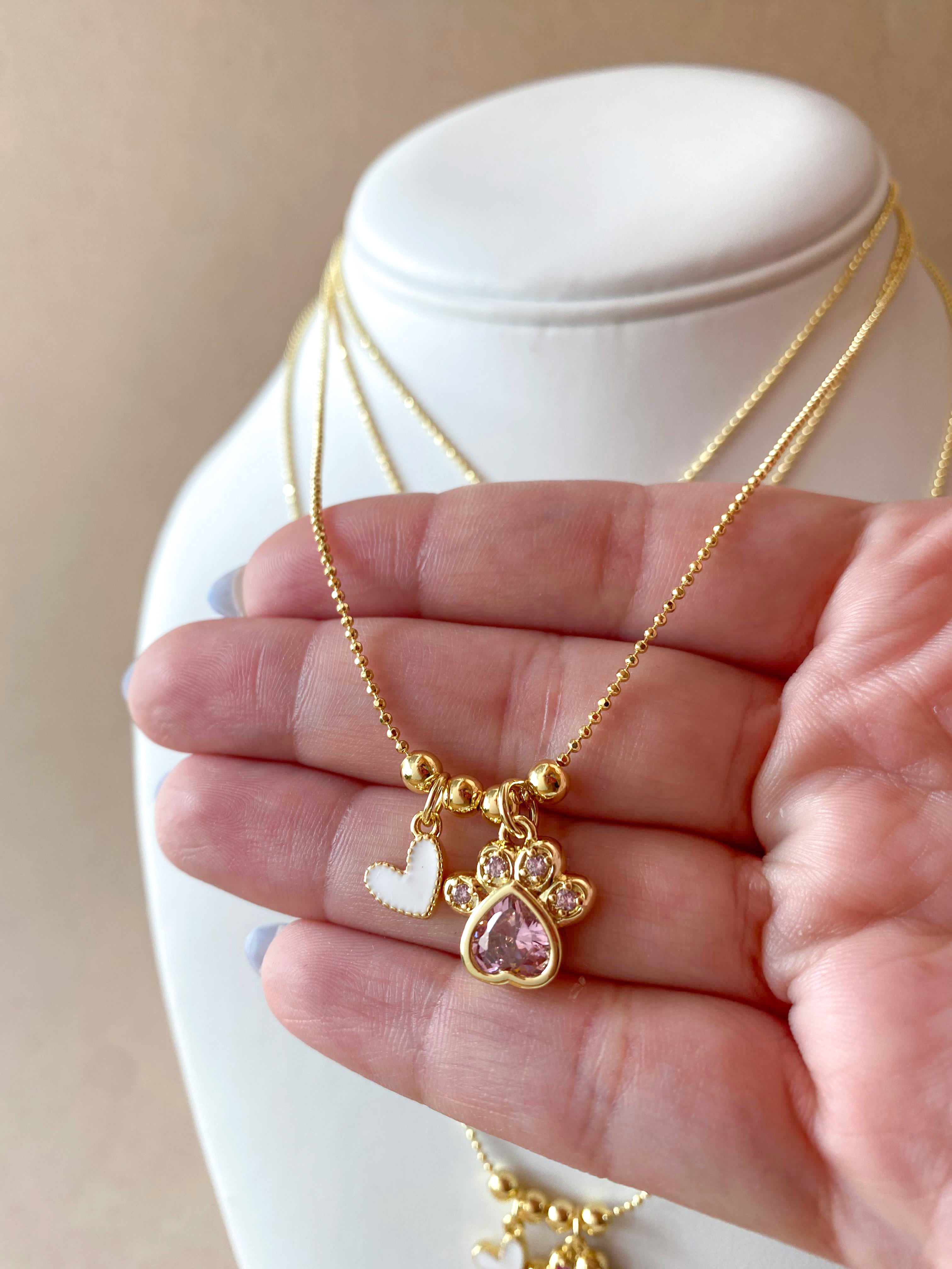 4 Different Multicolor Style of Dog Paw and Heart Necklace