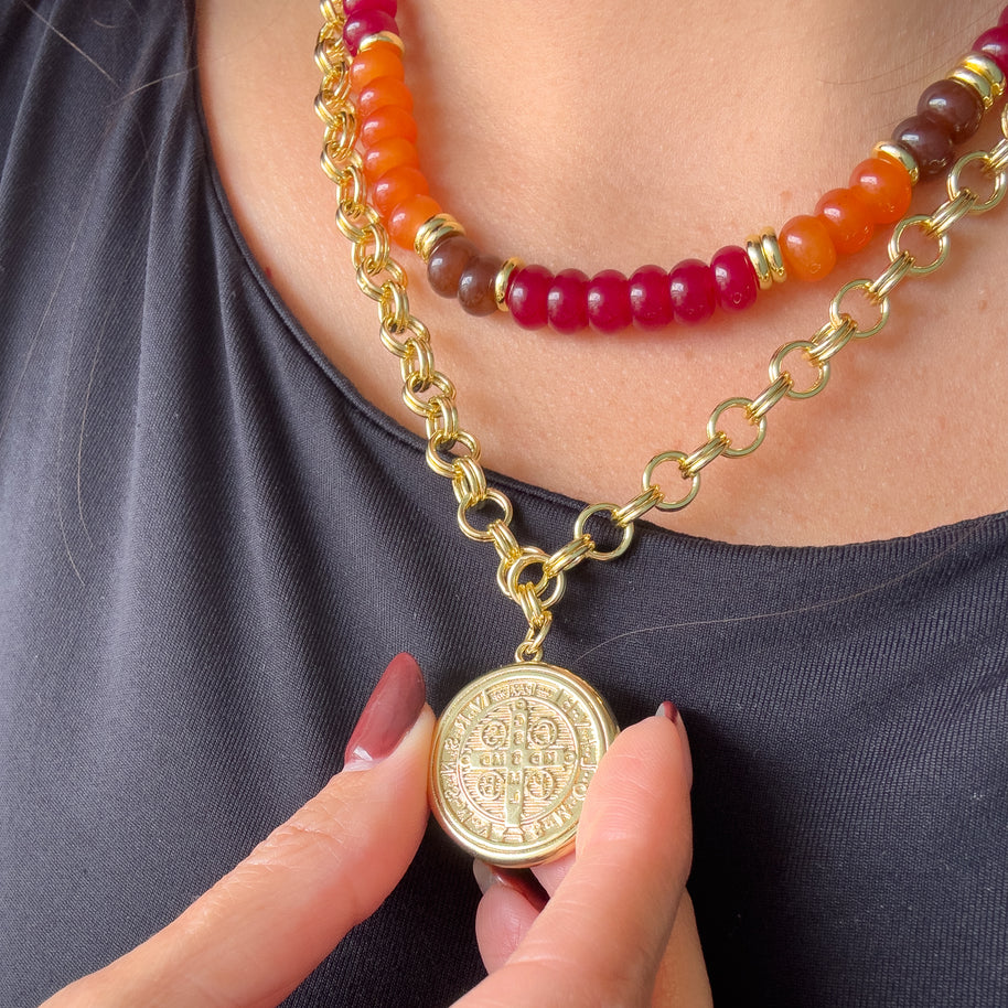 Multicolor Red Morganite Beads Necklace or Golden St Benedict Thick Necklace