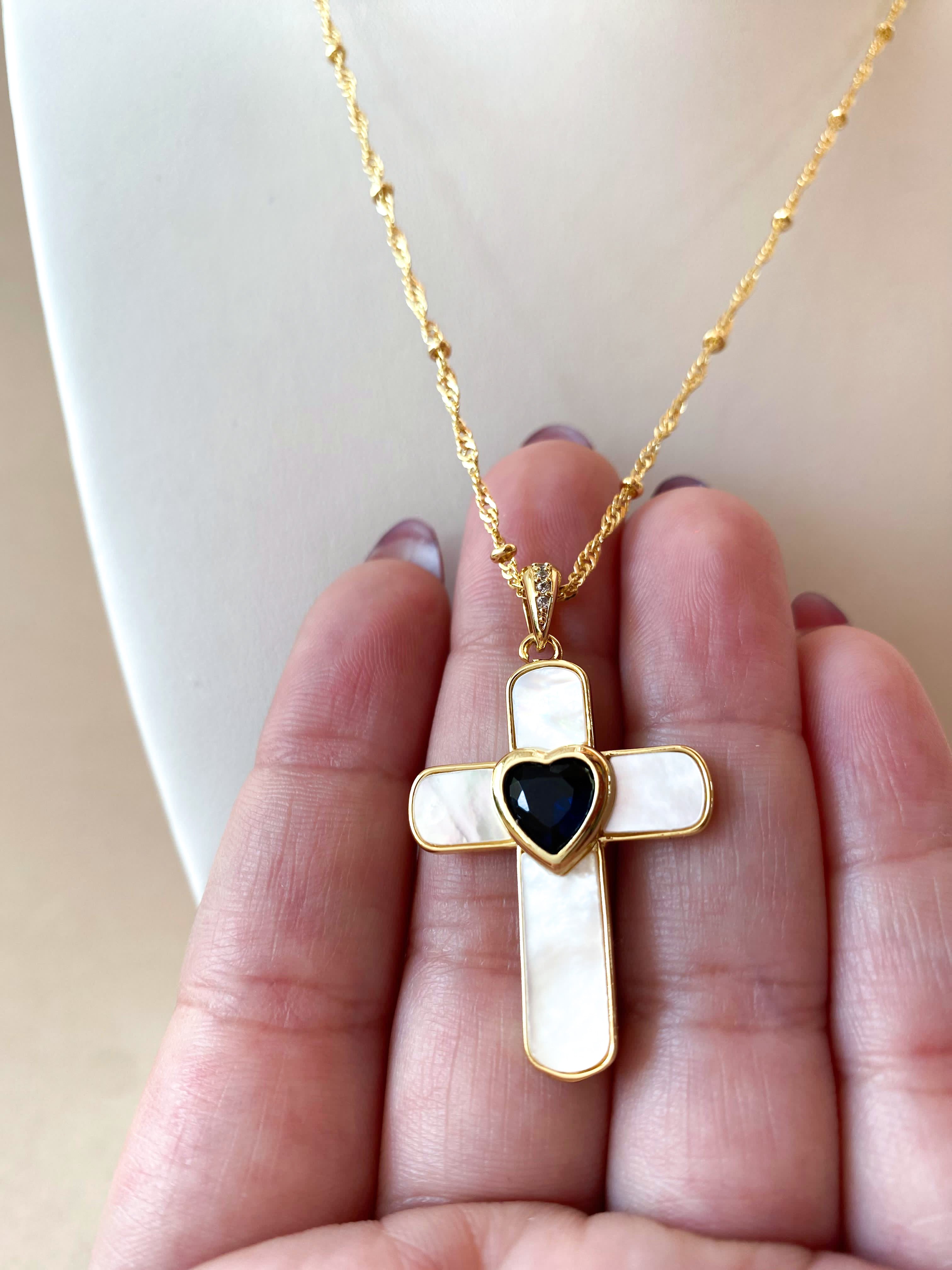 Mother of Pearl and Crystal Heart Cross Necklace