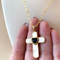 Mother of Pearl and Crystal Heart Cross Necklace