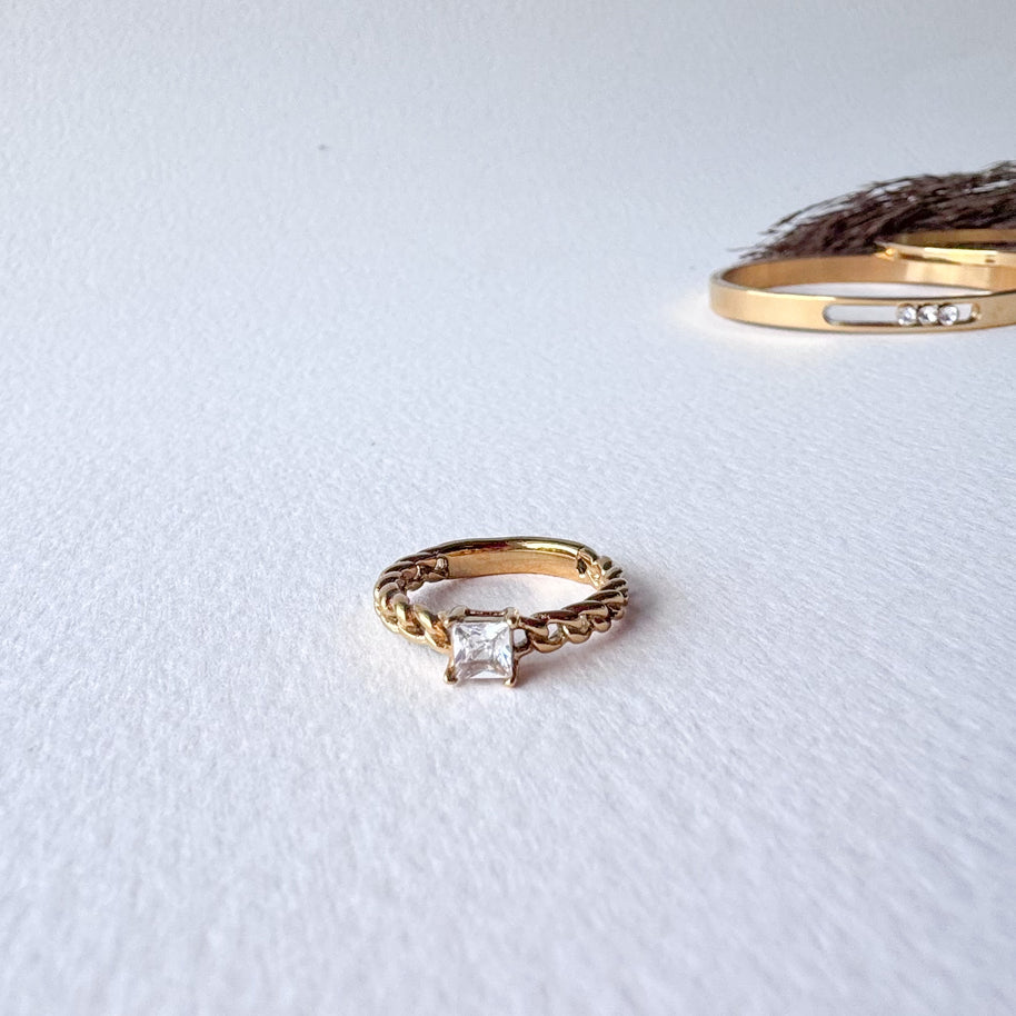 Golden Textured Single Zircon Steel Ring