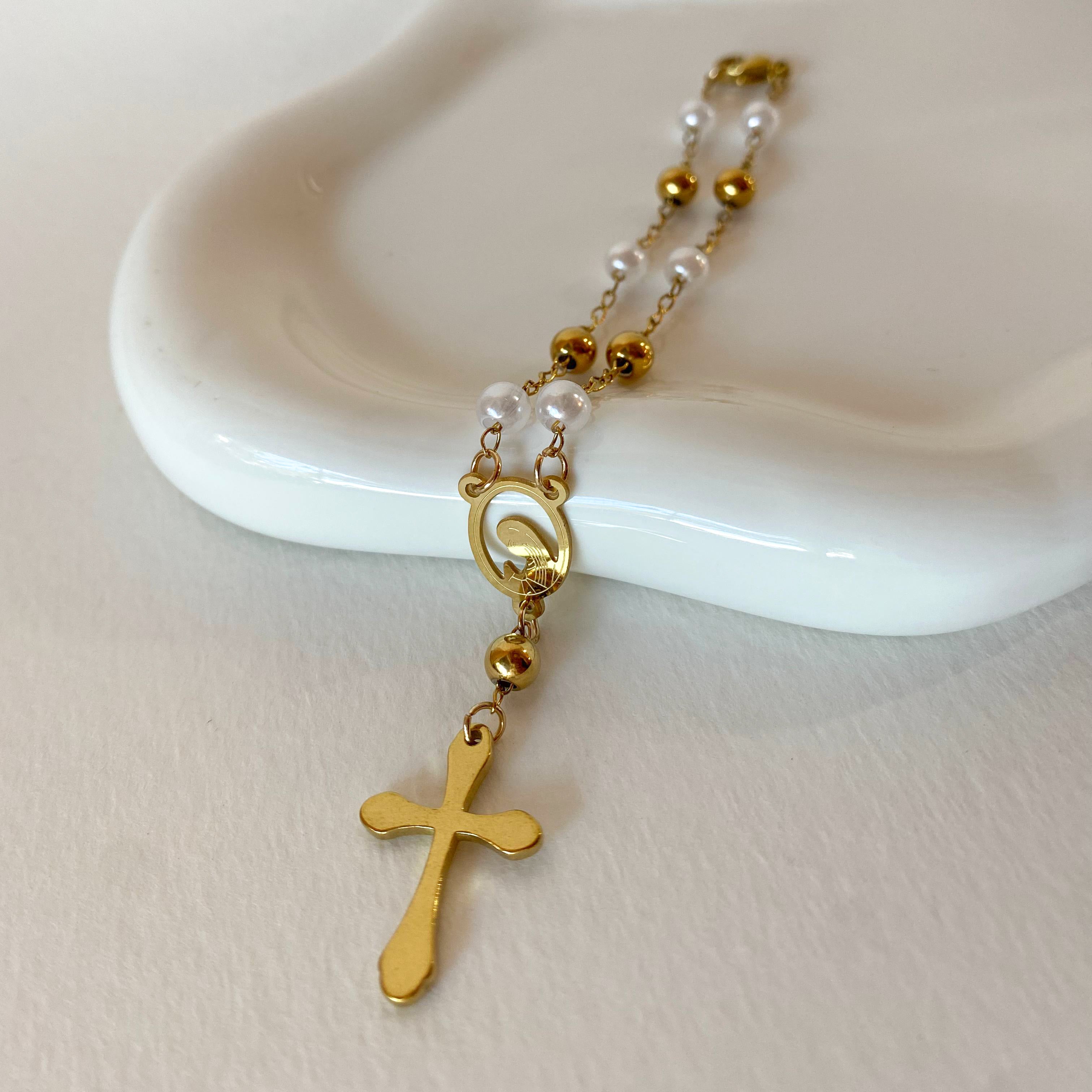 Golden Steel and Pearls Cross and Prayer Virgin Rosary Bracelet