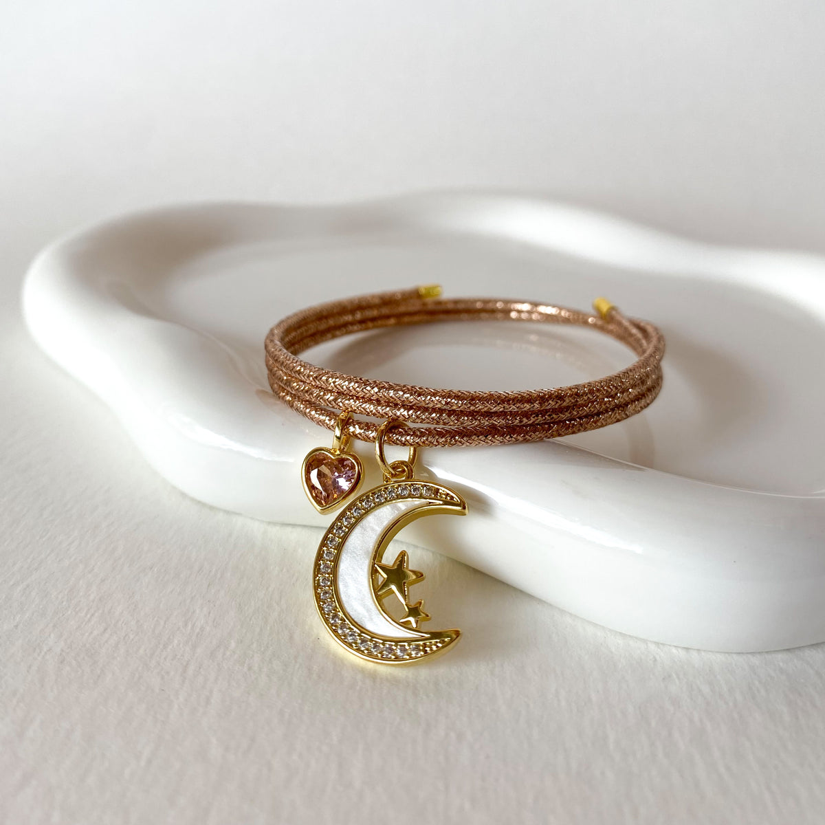 Adjustable Rose Gold Magnetic Cord Moon and Pink Heart Crystal Bracelet/Necklace