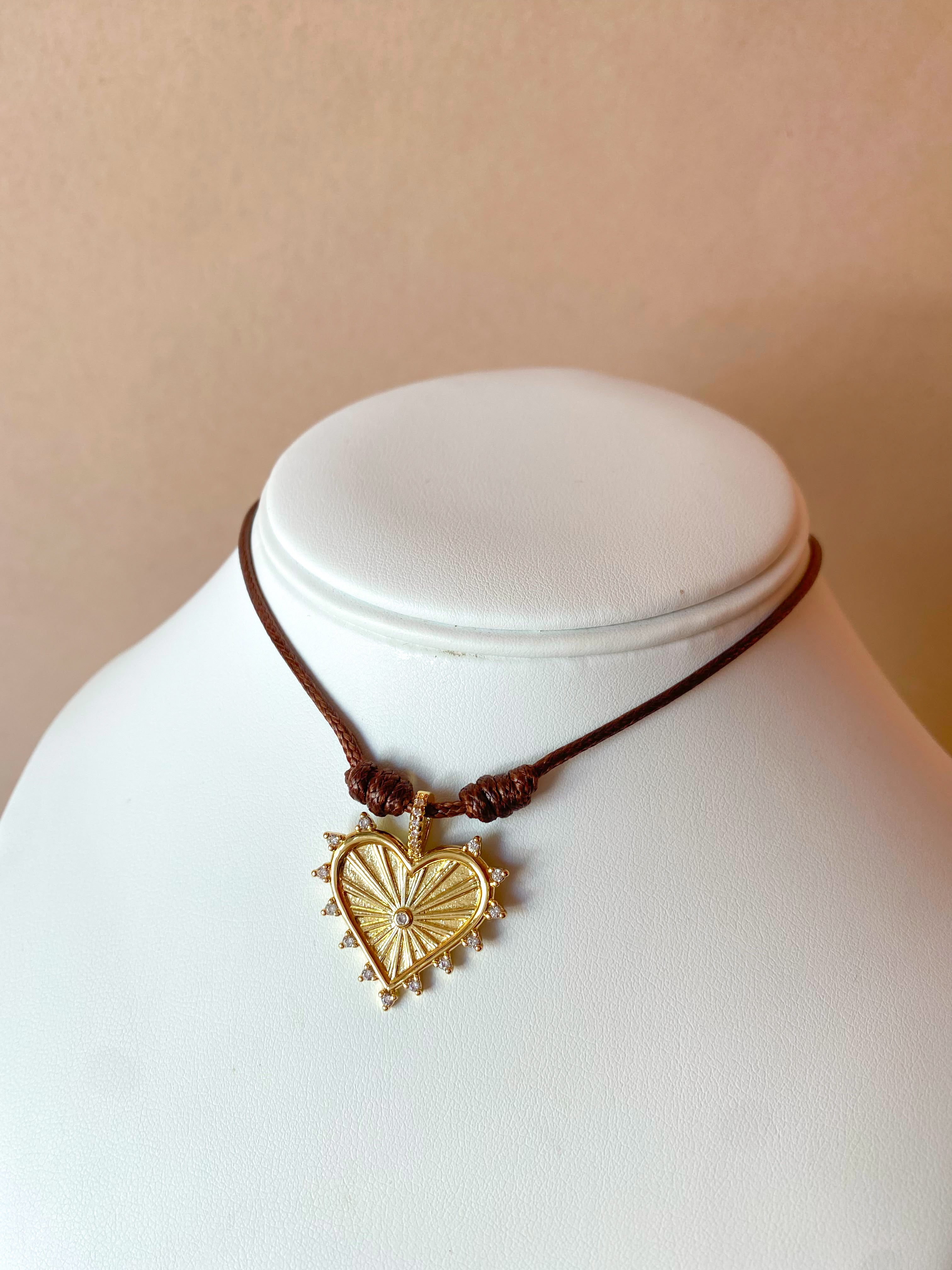 Golden Shiny Medium Heart Brown Leather Adjustable Necklace