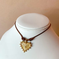 Golden Shiny Medium Heart Brown Leather Adjustable Necklace