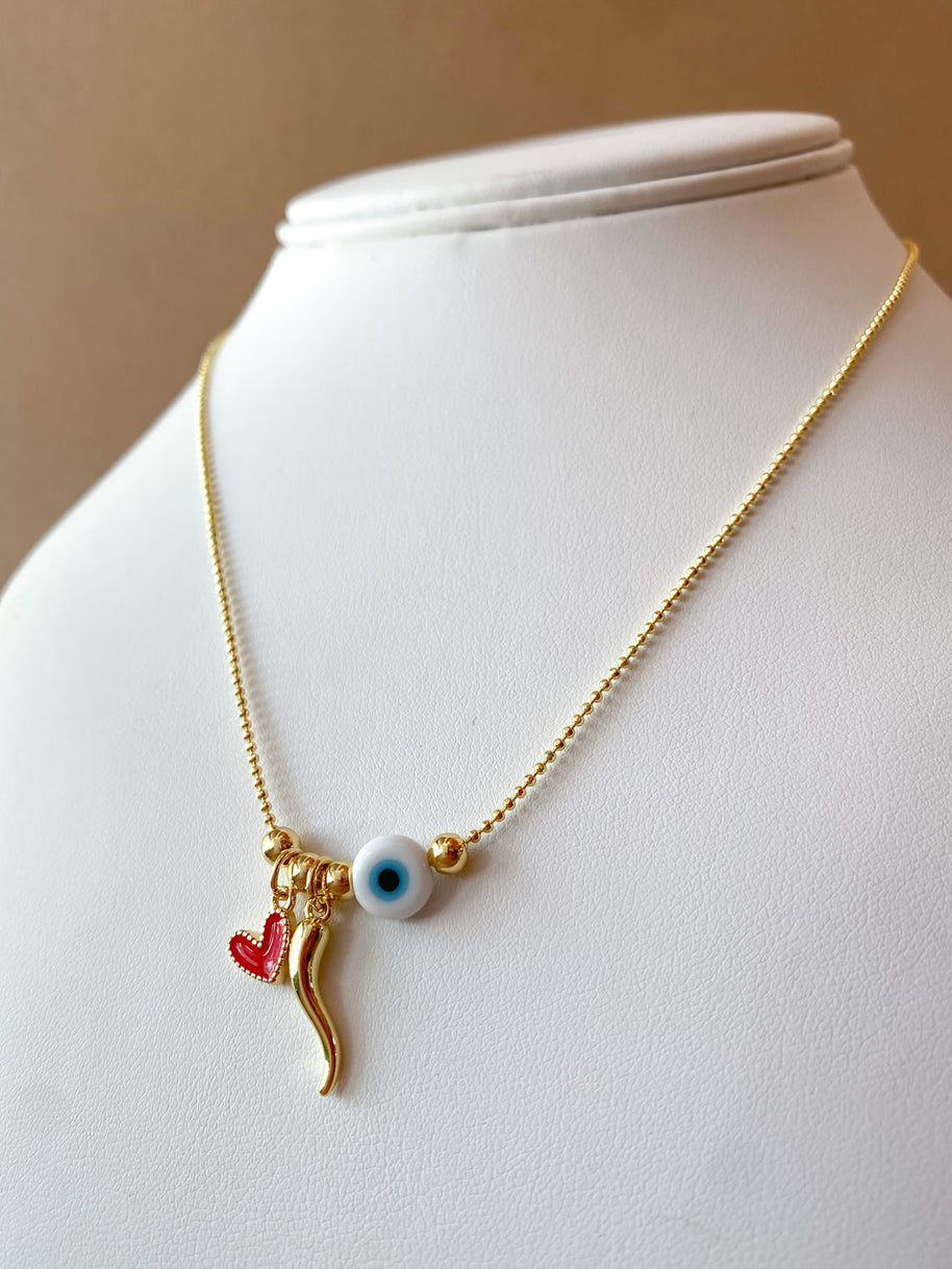 Red Heart, Golden Horn and Evil Eye Style Necklace