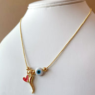 Red Heart, Golden Horn and Evil Eye Style Necklace