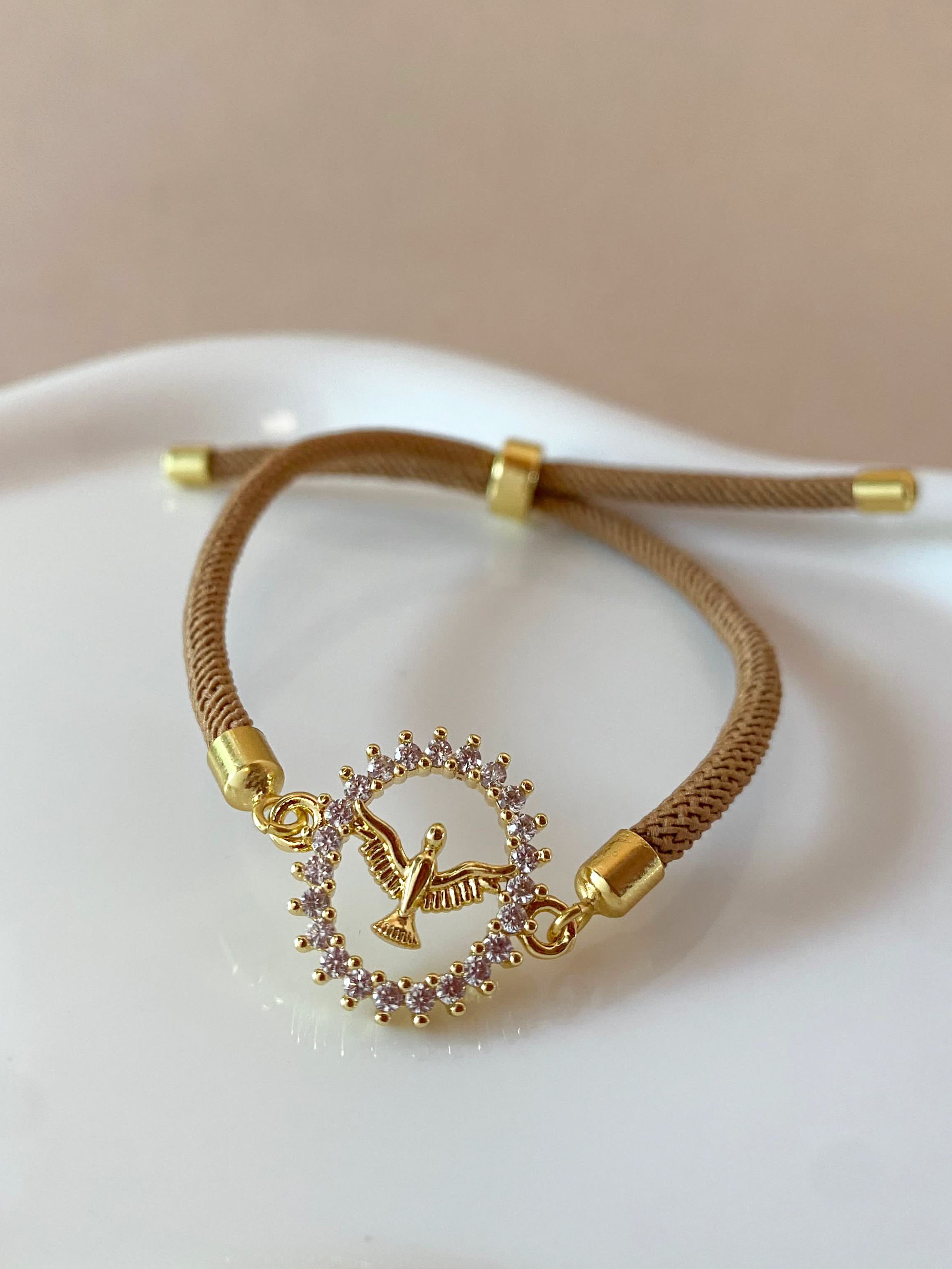 Crystals Holy Spirit Charm in Red or Brown Adjustable Bracelets