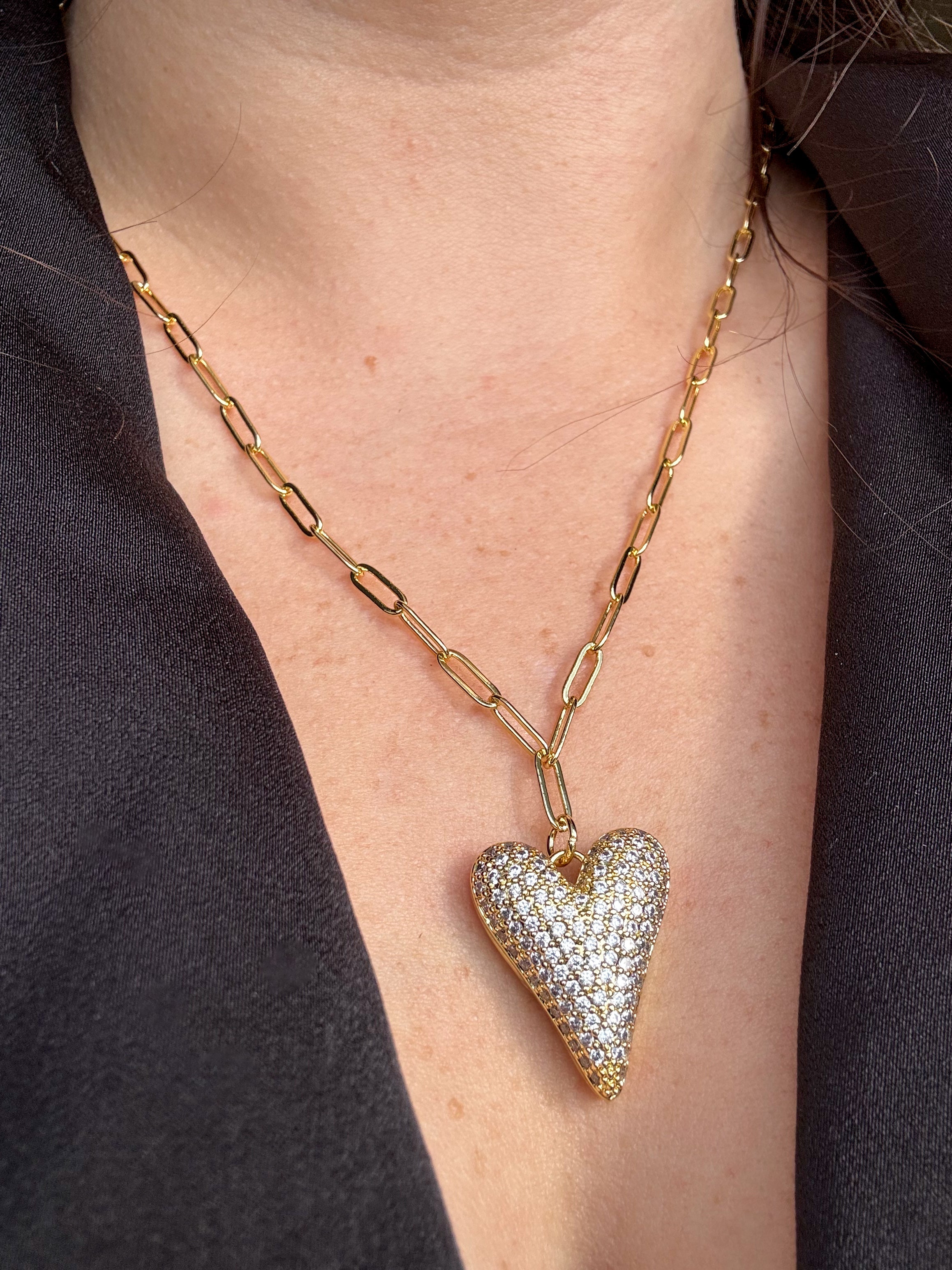Shiny Zirconia Heart Paper Clip Necklace