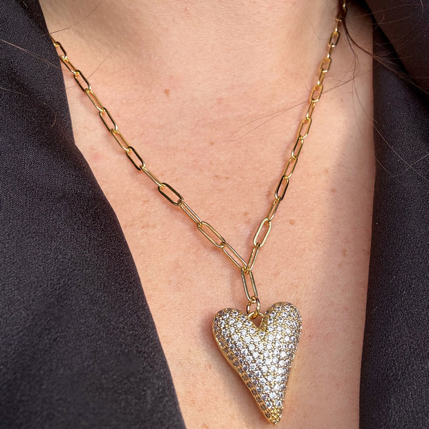 Shiny Zirconia Heart Paper Clip Necklace