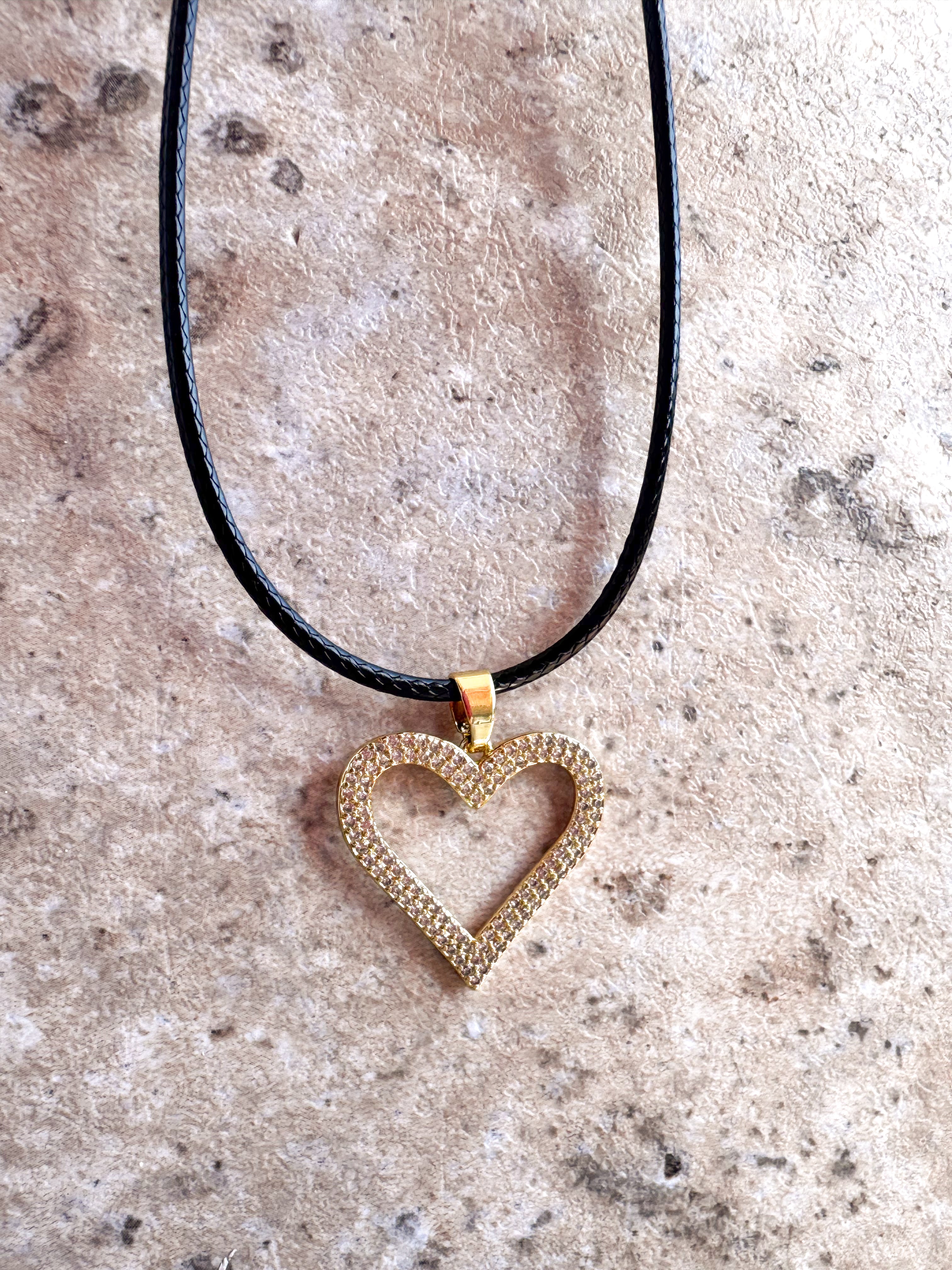 Shiny Hearts Black Leather Necklace