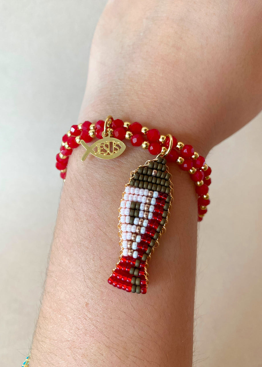Red Crystals Jesus Fish Charms Elastic Bracelet