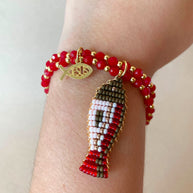 Red Crystals Jesus Fish Charms Elastic Bracelet