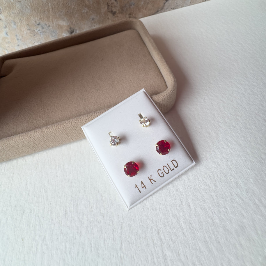 Red and Clear 2 in 1 Double 14K Solid Gold Earrings