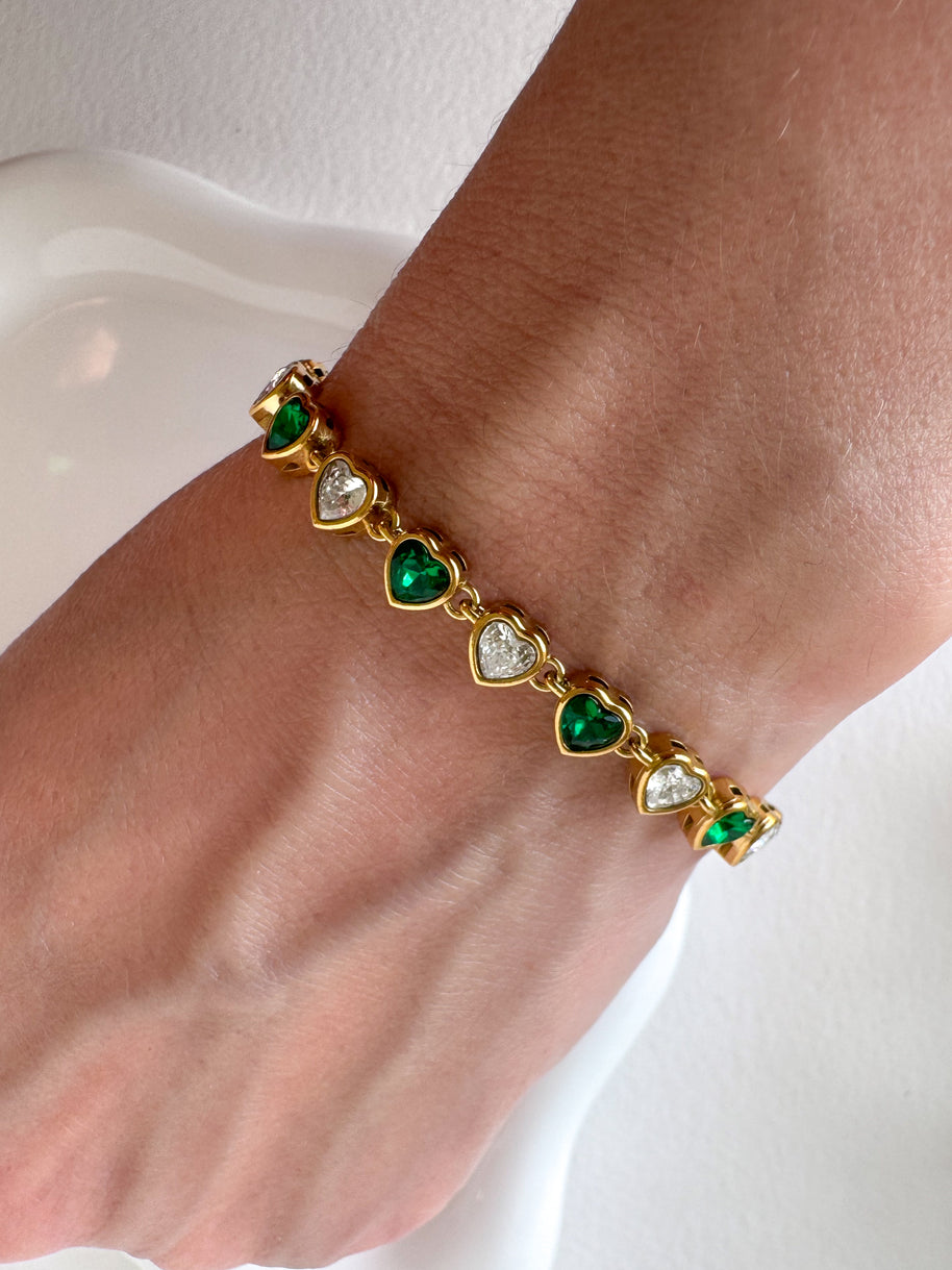 White & Green Hearts Crystal Shape Steel Golden Bracelet