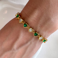 White & Green Hearts Crystal Shape Steel Golden Bracelet