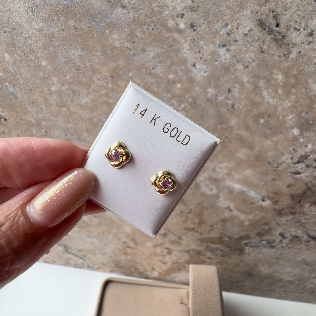 Pink Crystals and Flower Topitos 14K Solid Gold Earrings