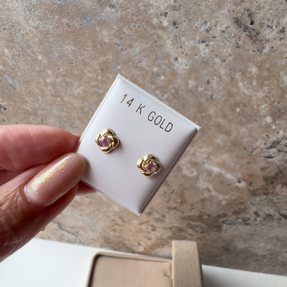 Pink Crystals and Flower Topitos 14K Solid Gold Earrings