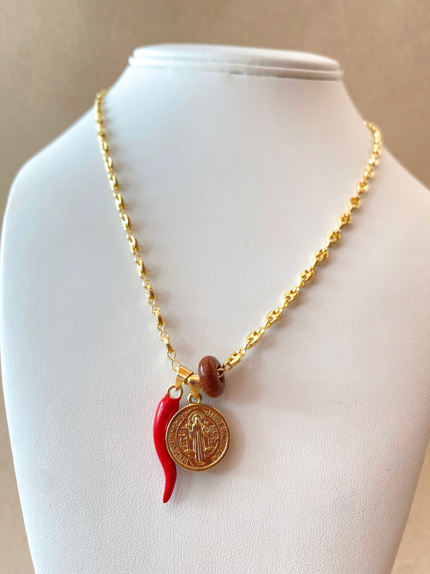 St. Benedict Medal, Red Horn & Brown Turkish Stone in Little Coffee Grain Necklace