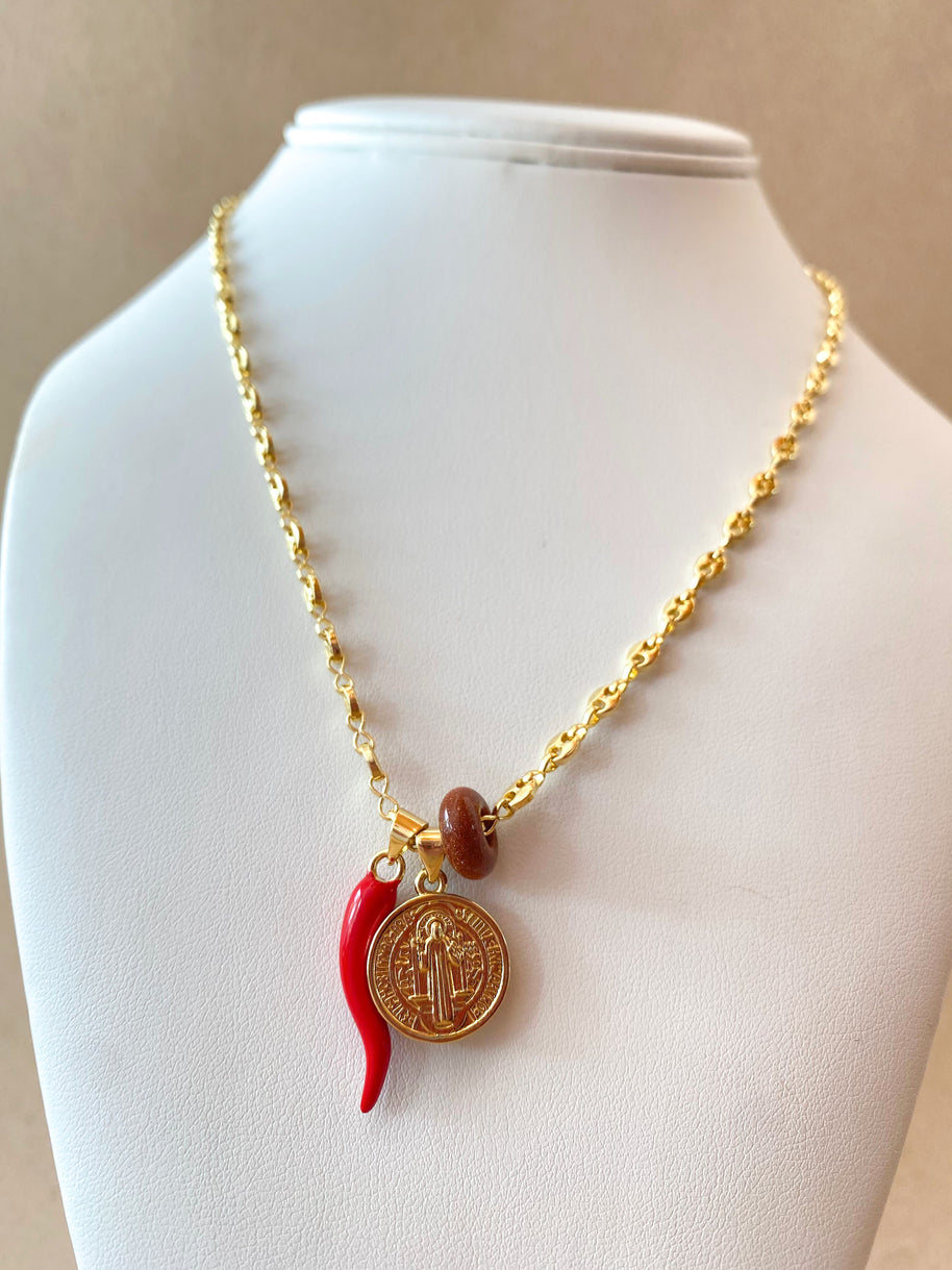 St. Benedict Medal, Red Horn & Brown Turkish Stone in Little Coffee Grain Necklace